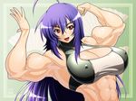  1girl 2012 :d abs ahoge armpits arms_up artist_name bangs bare_shoulders biceps blush breasts bust cleavage cleavage_cutout clenched_hand crop_top dated fan female flex flexing green_background hair_between_eyes hands impossible_clothes kurokami_medaka large_breasts long_hair looking_at_viewer medaka_box muscle open_hand open_mouth paper_fan pose purple_hair red_eyes ren_(tainca2000) rentb shiny shiny_hair shiny_skin smile solo turtleneck upper_body 