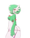  ass blush breasts dress flat_ass gardevoir gen_3_pokemon green_hair hair_over_one_eye highres large_breasts no_humans personification pokemon red_eyes short_dress short_hair solo warumono_tomii 