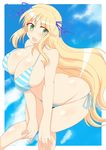  1girl ass bent_over bikini blonde_hair blush breasts green_eyes hair_ribbon huge_breasts katsuragi_(senran_kagura) long_hair navel open_mouth ribbon senran_kagura senran_kagura_(series) solo swimsuit wedge 