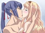  1boy 1girl blonde_hair blue_eyes blue_hair eye_contact kiss long_hair looking_at_another macross macross_frontier ponytail saotome_alto sheryl_nome sweat yellow_eyes 