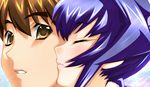  blush brown_eyes brown_hair eyes_closed kiss mitsurugi_meiya muvluv muvluv_altered_fable purple_hair shirogane_takeru simple_background 