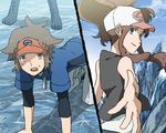  brown_hair cap hat kyouhei_(pokemon) looking_back male_protagonist_(pokemon_bw2) pokemon pokemon_(game) pokemon_bw pokemon_bw2 touko_(pokemon) water 