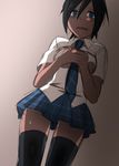  1girl black_hair blue_eyes blush breasts brown_background kingdom_hearts necktie school_uniform short_hair skirt thighhighs xion_(kingdom_hearts) 