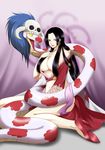  1girl black_eyes black_hair boa_hancock breasts cleavage earrings highres huge_breasts jewelry long_hair midriff off_shoulder one_piece salome_(one_piece) shoes sitting skull smile snake solo 
