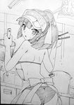  apron ass bikini breasts cooking from_behind greyscale kami_nomi_zo_shiru_sekai large_breasts looking_back monochrome photo ponytail solo sweat swimsuit traditional_media trefoil uemoto_sumire underboob visor_cap wakaki_tamiki 