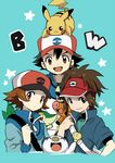  3boys akakokko brown_hair cap child hat kyouhei_(pokemon) male male_focus male_protagonist_(pokemon_bw2) multiple_boys oshawott pikachu pokemon pokemon_(anime) pokemon_(game) pokemon_bw pokemon_bw2 satoshi_(pokemon) smile snivy tepig touya_(pokemon) 