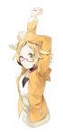  1girl arms_up bag bel_(pokemon) blonde_hair glasses highres jacket pokemon pokemon_(game) pokemon_bw2 semi-rimless_glasses short_hair smile solo tang_elen wink yellow_eyes 