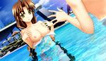  braids brown_hair eyebrows green_eyes long_hair muvluv muvluv_altered_fable outdoors pool sakaki_chizuru shirogane_takeru solo_focus surprised swimsuit wardrobe_malfunction water 