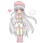  1girl azmaria_hendric beret blush_stickers boots capelet chibi chrno_crusade grey_hair hat heart long_hair open_mouth pink_eyes skirt very_long_hair wings 