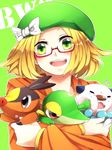  bel_(pokemon) blonde_hair glasses green_eyes hat oshawott pokemon pokemon_(game) pokemon_bw2 sayuma smile snivy tepig 