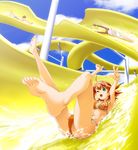  1boy 2girls absurdres ahoge armpits barefoot bikini braid cloud feet glasses green_eyes highres legs legs_up looking_at_viewer midriff multiple_girls muvluv muvluv_altered_fable navel open_mouth orange_hair sakaki_chizuru shirogane_takeru short_hair sky smile soles suzumiya_akane swimsuit toes topless twin_braids v water water_slide waterslide wink 