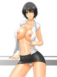  1girl artist_request black_hair blush breasts brown_eyes character_request female highres large_breasts muryuuin_tayun navel nipples open_clothes open_shirt panties pantyshot shirt short_hair skirt smile solo source_request standing underwear upskirt white_panties 