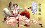 1girl abs breasts brown_eyes brown_hair extreme_muscles fan fatal_fury hair_ornament highres huge_breasts king_of_fighters long_hair open_mouth ponytail purukogi purukogi_(plasma_beach) rip shiranui_mai smile snk spread_legs thick_thighs thighs torn_clothes translation_request 