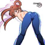  ass bent_over blush brown_hair denim from_behind green_eyes hair_rings jeans long_hair looking_at_viewer mamono_hunter_youko mano_youko pants skin_tight solo topless 