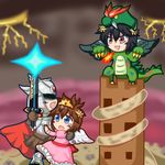  3boys armor black_hair blade blue_eyes brown_hair cape cosplay crossdress crossdressing dark_pit dragon dress fighter fighter_(kid_icarus) helmet kid_icarus kid_icarus_uprising lightning lowres multiple_boys nintendo pit pit_(kid_icarus) princess pteruges red_eyes sword tower weapon 