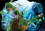  1girl animal bare_shoulders green_eyes green_hair mermaid monster_girl ocean sea seahorse seaweed underwater 