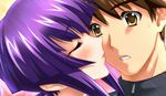  blush brown_eyes brown_hair eyes_closed kiss koubuin_yuuhi muvluv muvluv_altered_fable purple_hair shirogane_takeru simple_background sweat 