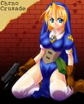  1girl blonde_hair blue_eyes boots breasts chrno_crusade corset gloves gun hat kneeling large_breasts legs oekaki rosette_christopher smile thighhighs thighs weapon white_legwear zen 