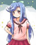  1girl blue_hair hoshizora_e_kakaru_hashi purple_eyes school_uniform skirt smile star toudou_kasane 