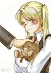  1girl blonde_hair blue_eyes blush gunslinger_girl hikarumiao long_hair pixiv_thumbnail resized simple_background stuffed_animal stuffed_toy teddy_bear triela twintails 