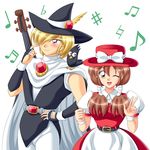  1girl 2boys animal apron belt bird blonde_hair breasts brown_eyes brown_hair cape dress flute_(violinist_of_hameln) hair_over_one_eye hamel hat instrument multiple_boys oboe_(violinist_of_hameln) pink_eyes twintails v violin violinist_of_hameln 