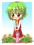  ascot blush chibi dandelion flower green_hair ground_shatter kazami_yuuka plaid plaid_skirt plaid_vest red_eyes shimada_(simada_bu) short_hair skirt solo tears touhou trembling umbrella vest 