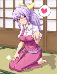  1girl beckoning belt blush breasts commentary_request dress eyebrows_visible_through_hair fusu_(a95101221) hair_between_eyes hair_ribbon half_updo hand_on_lap head_tilt heart highres indoors lavender_hair looking_at_viewer medium_breasts patting_lap pinafore_dress pink_dress pink_eyes ponytail puffy_short_sleeves puffy_sleeves ribbon seiza shadow shirt short_sleeves shouji sitting sliding_doors smile solo speech_bubble spoken_heart tatami touhou watatsuki_no_yorihime white_shirt 