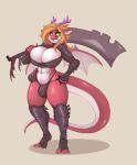  2019 anthro armor big_breasts blonde_hair breasts bulge conditional_dnp dickgirl digital_media_(artwork) dragon green_eyes hair hi_res holding_object holding_weapon horn intersex melee_weapon membranous_wings ryla simple_background solo sword weapon wings wyntersun 