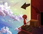  bad_id bad_pixiv_id balcony braid chibi chinese cloud cloudy_sky directional_arrow english euler's_number from_behind german mado_(watanuki) madotsuki mirror_writing red_hair sky slippers solo spoilers stairs translated twin_braids yume_nikki 