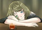  :t alcohol blue_eyes brown_hair cup drunk fringe_trim green_eyes heterochromia highres idolmaster idolmaster_cinderella_girls mole mole_under_eye shirihime short_hair solo takagaki_kaede whiskey 