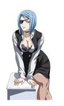  1girl blue_hair bra breasts choker cleavage eyepatch highres ikkitousen large_breasts lingerie mouyuu_(ikkitousen) official_art purple_eyes short_hair sitting smile solo underwear 