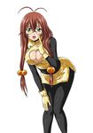  1girl antenna_hair artist_request bodysuit breasts brown_hair chinese_clothes cleavage cleavage_cutout glasses gloves gold green_eyes highres ikkitousen large_breasts latex latex_gloves latex_suit long_hair miniskirt official_art ryuubi_gentoku shiny shiny_clothes skirt smile solo 