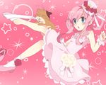  :o ahoge bad_id bad_pixiv_id blue_eyes blush bow cat dress flower frilled_dress frills full_body hair_rings hat kamaboko_(milky_holmes) linaria_(ookinahitomi) long_hair open_mouth pink_background pink_bow pink_dress pink_hair rose sherlock_shellingford shoes sidelocks single_shoe sock_pull socks solo star surprised tantei_opera_milky_holmes 