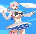  bare_shoulders bikini bikini_lift bikini_top breasts cloud coco_(tsuritama) day fishing_hook fishing_line innertube large_breasts lifted_by_another long_hair navel open_mouth red_eyes sky solo swimsuit tsuritama umi_no_tarako wet 