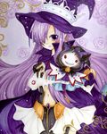  cat crown fatima hair_over_one_eye hat josie kopin long_hair luminous_arc luminous_arc_2 mizame navel purple_background purple_eyes purple_hair witch_hat 