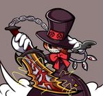  chain cigar gloves god_of_war grin hat hat_over_one_eye mechanical_arms mira_shamaliyy orange_hair parody peacock_(skullgirls) red_eyes ribbon sharp_teeth skullgirls smile smoking solo sword teeth top_hat weapon 