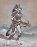  armor breasts canine cleavage clothed clothing crossbow digitigrade female gold kacey mammal mountain pink ranged_weapon scenery snow solo standing texture_background tree unconvincing_armor warrior weapon wolf wood 