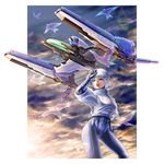  bird blue_eyes bodysuit breasts cenes_crawford cloud cloudy_sky cropped_jacket highres key-chang lips medium_breasts rvr-01_gauntlet short_hair skin_tight sky space_craft starfighter thunder_force thunder_force_v white_hair 