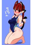  animal_ears barefoot braid cat_ears cat_tail competition_swimsuit highres kaenbyou_rin kneeling kyokutou_hentai_samurai one-piece_swimsuit red_eyes red_hair solo swimsuit tail touhou wet 