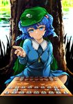  beckoning between_breasts blue_eyes blue_hair board_game breasts gesture grass hair_bobbles hair_ornament hat indian_style kawashiro_nitori key long_sleeves looking_at_viewer medium_breasts ninamo short_hair short_twintails shougi sitting skirt skirt_set smile solo touhou tree twintails two_side_up water 