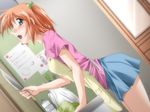  1girl apron blush cabbage food from_behind game_cg indoors kitchen knife milk_carton orange_hair sagara_family sagara_ruruka short_hair solo spring_onion yamane_masahiro zyx 