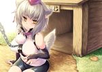  aaru_(tenrake_chaya) animal_ears bike_shorts blush breasts bridal_gauntlets chain collar doghouse hat highres inubashiri_momiji large_breasts looking_at_viewer short_hair silver_hair sitting solo tail tokin_hat touhou wolf_ears wolf_tail yellow_eyes 