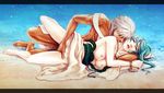  1girl barefoot beach blue_hair breasts chain closed_eyes couple dark_skin fingering hetero jewelry letterboxed long_hair lying magi_the_labyrinth_of_magic medium_breasts nemu_(noibla) nipples ocean on_side open_mouth outdoors penis pubic_hair pussy realistic sharrkan water white_hair yamuraiha 
