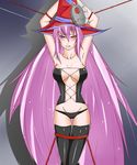  1girl armpits arms_up bdsm black_legwear blush bondage bound breasts collarbone corset hat helpless heterochromia highres long_hair looking_at_viewer lowleg lowleg_panties luminous_arc mebusu mound_of_venus navel panties pink_hair rope solo standing tears thighhighs trembling underwear vanessa_(luminous_arc) very_long_hair witch_hat 