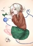  barefoot blush bow cellphone eyeball full_body green_eyes hair_ornament hairclip heart heart_of_string junwool keychain komeiji_koishi lipstick lying makeup no_hat no_headwear on_side open_mouth phone ribbon short_hair silver_hair simple_background skirt smile solo third_eye touhou 