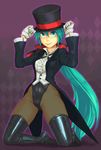  alternate_hairstyle aqua_eyes bad_id bad_pixiv_id black_hat black_jacket black_ribbon boots brooch center_frills collared_shirt gloves green_eyes green_hair hat hat_tug hatsune_miku jacket jewelry kneeling leotard long_hair long_sleeves low_ponytail magician magician_(module) miracle_paint_(vocaloid) pantyhose ponytail project_diva project_diva_(series) ribbon shirt solo tailcoat thigh_boots thighhighs top_hat very_long_hair vocaloid white_gloves white_shirt yuuji_(and) 