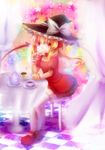 :q alternate_costume alternate_headwear bad_id bad_pixiv_id blonde_hair blush bow chair checkered checkered_floor crossed_legs cup curtains dress fang flandre_scarlet food hat hat_bow highres mary_janes open_mouth plate pudding red_eyes shoes short_hair side_ponytail sitting smile solo spoon star table tea teacup teapot thighhighs tongue tongue_out touhou white_legwear wings witch_hat wrist_cuffs zinczinc_ka 