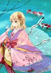  bird blonde_hair fan fish folding_fan green_eyes hair_ornament japanese_clothes kimono minato_usagi mizuhashi_parsee parrot pointy_ears short_hair solo touhou wading 