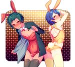  animal_ears bare_shoulders black_legwear blue_hair blush bow bowtie bulge bunny_boy bunny_ears bunny_tail bunnysuit crossdressing detached_collar green_hair male_focus minemura multiple_boys original otoko_no_ko red_eyes tail thighhighs tongue tongue_out wrist_cuffs yellow_legwear 