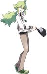  baseball_cap full_body game_freak green_hair green_shoes happy hat hat_off hat_removed headwear_removed jewelry long_hair male male_focus n_(pokemon) necklace nintendo official_art official_artwork ohmura_yusuke pokemon pokemon_(game) pokemon_bw pokemon_bw2 ponytail shirt shoes simple_background smile solo standing transparent_background walking white_background white_shirt wristband 